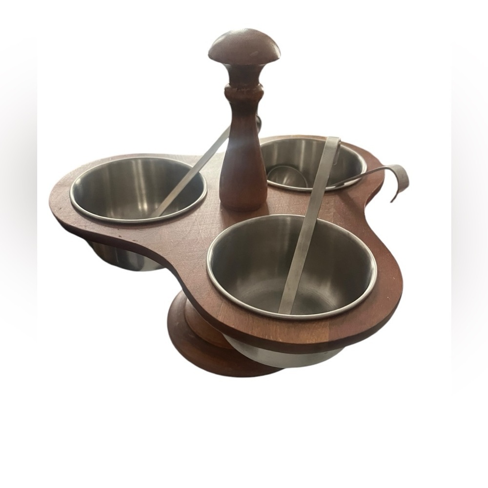 MCM 3 Bowls Condiment Server Wood Caddy Holder Center Holder Spoons 8.5"T 9"W